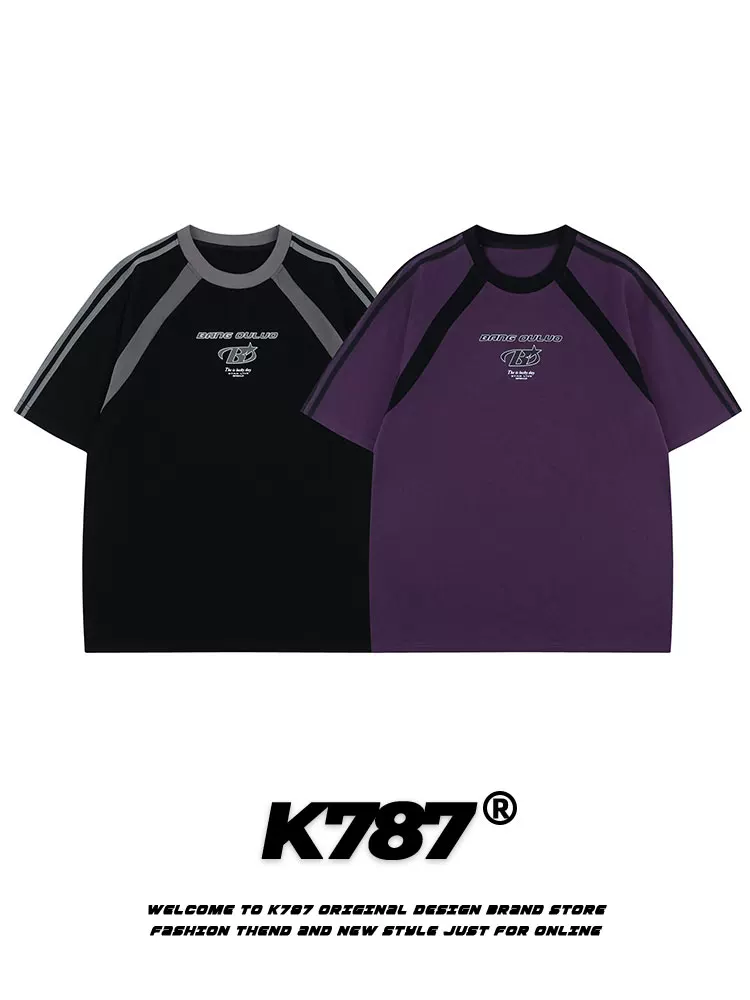K787 Áo thun ngắn tay màu tím thể thao cổ điển kiểu Mỹ dành cho nam và nữ áo đôi dáng rộng đường phố cao cấp