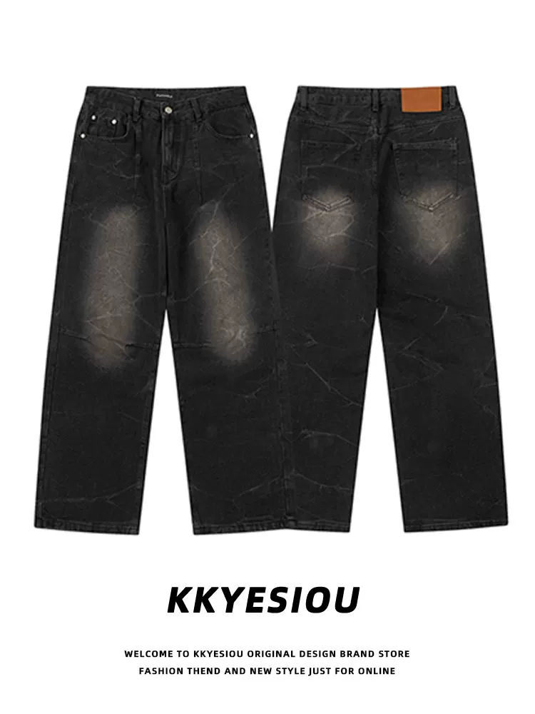 Quần jeans denim kiểu Mỹ cổ điển, đã qua xử lý làm mềm, dành cho nam và nữ, dáng rộng, xu hướng thời trang, cạp cao, ống thẳng.