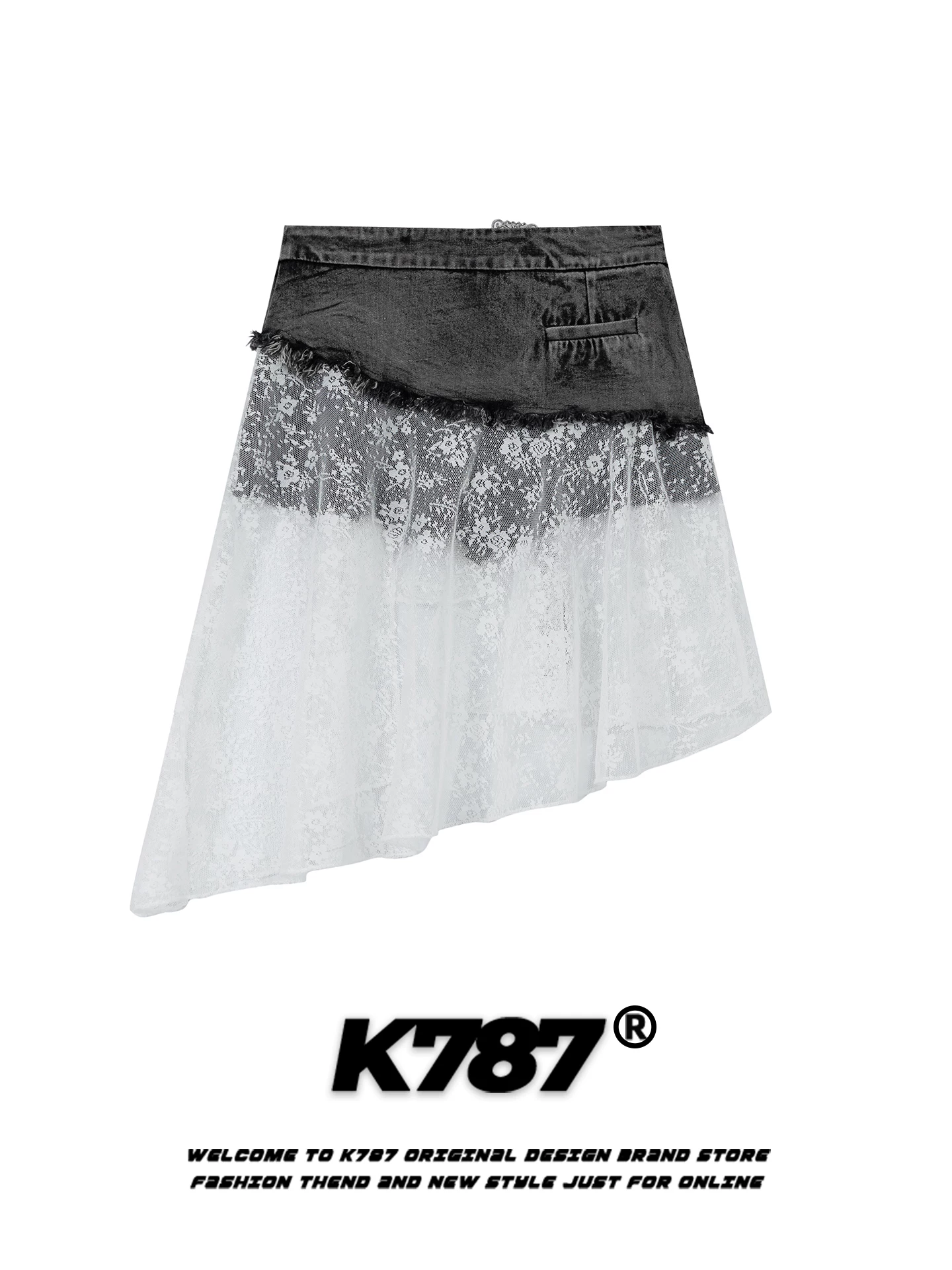 Váy denim phối ren kiểu Mỹ cổ điển K787 dành cho nữ, phong cách hot girl, thiết kế bất đối xứng, dáng chữ A ngắn tôn dáng