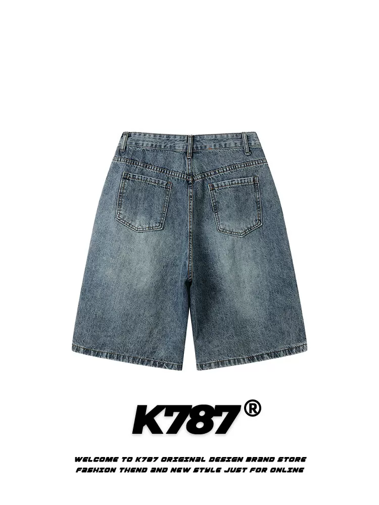 Quần short denim rộng ống, kiểu Mỹ cổ điển, xước nhẹ, unisex, dài đến đầu gối, đa năng, cạp cao, dáng thẳng, phong cách thường ngày