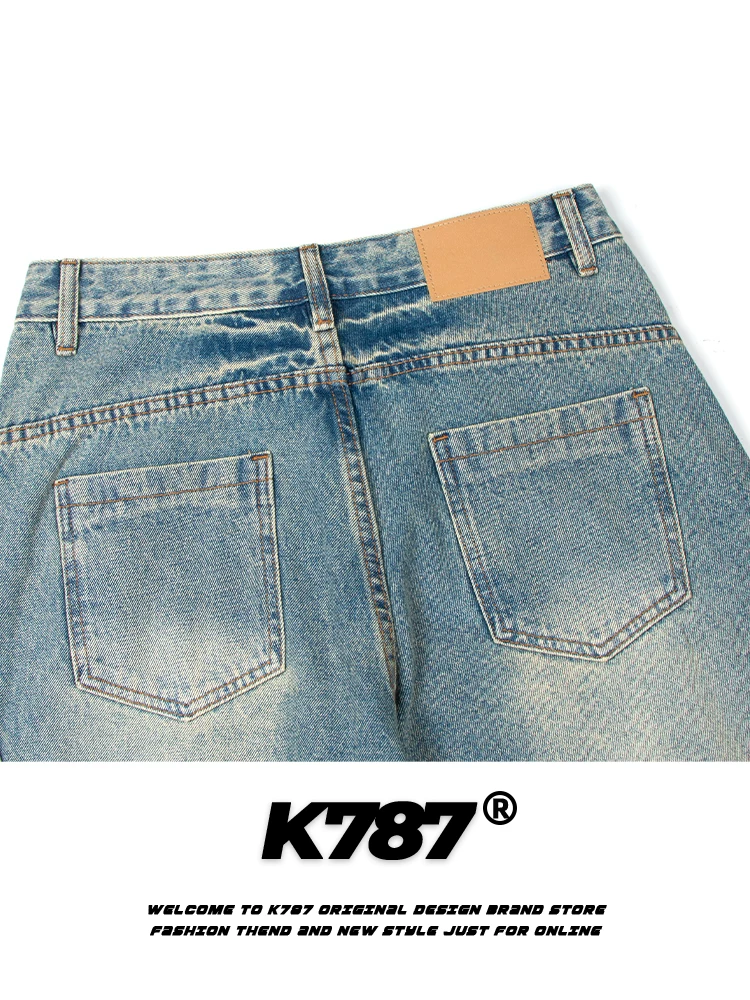 K787 Quần denim kiểu Mỹ cổ điển kiểu Trung Quốc được giặt và làm cũ dành cho nam và nữ, quần ống rộng phong cách hip-hop cỡ lớn