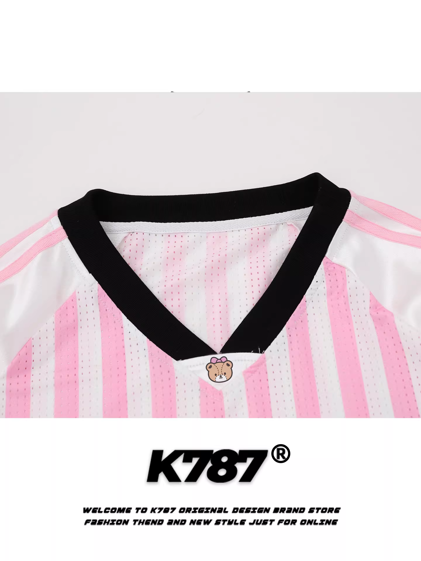 Áo thun nữ K787 kiểu Mỹ dễ thương hình mèo Kitty cổ V tay dài, sọc dọc, dáng rộng, phong cách thể thao