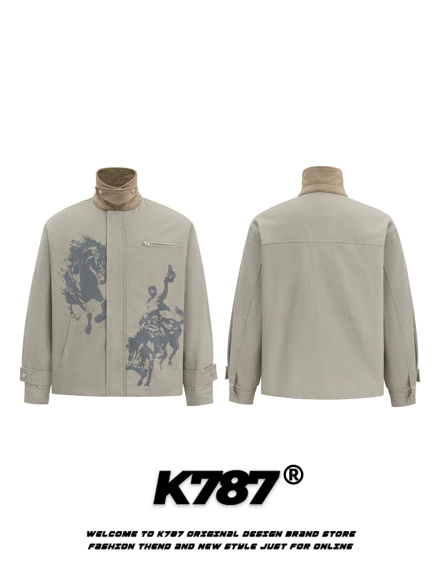 Áo khoác cổ đứng phối màu phong cách retro Mỹ in hình ngựa K787, unisex, thời trang, rộng rãi, phong cách thường ngày, áo khoác cặp đôi, áo khoác công sở