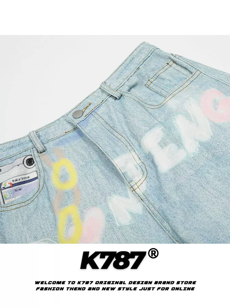 K787 Quần denim phong cách retro vui nhộn của Mỹ dành cho nam và nữ quần dáng rộng in hình trái tim dáng rộng quần thẳng
