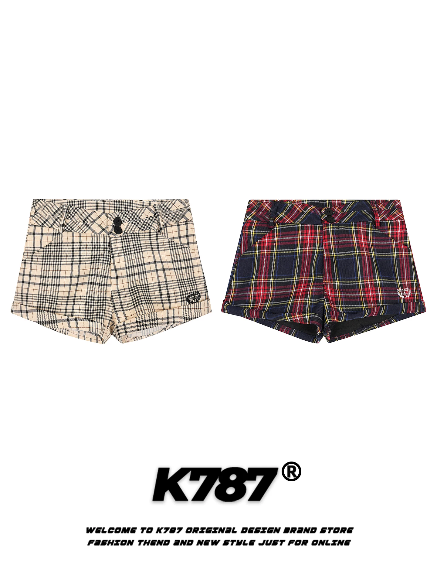 Quần short nữ K787 kiểu Mỹ cổ điển, kẻ ca rô, cạp cao, đa năng, thêu họa tiết, dáng rộng, phong cách thể thao, học sinh, quần short năng động