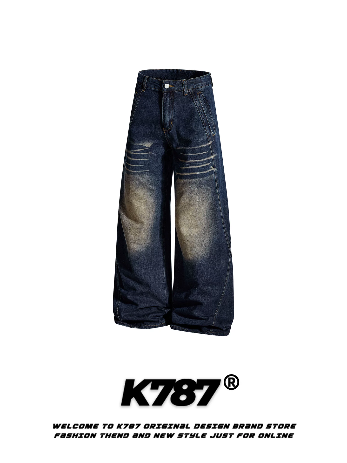 Quần jeans K787 kiểu Mỹ cổ điển, xước rách, dành cho nam và nữ, dáng rộng, thời trang, cạp cao, tôn dáng, ống rộng, dài chạm sàn