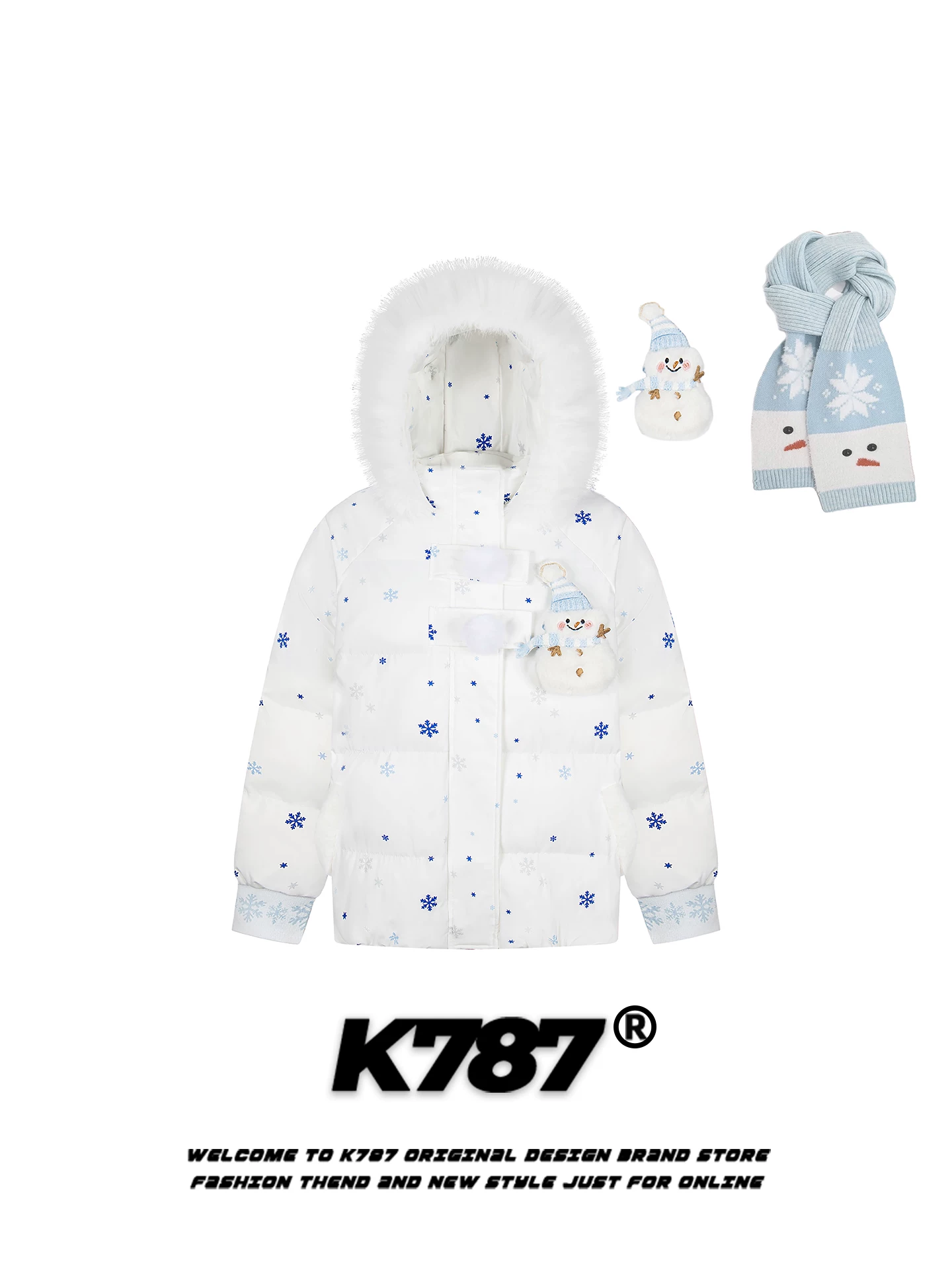 Áo khoác cotton dày giữ ấm mùa đông kiểu Mỹ K787, in họa tiết bông tuyết toàn thân, có mũ trùm đầu và cổ lông, kiểu dáng người tuyết.