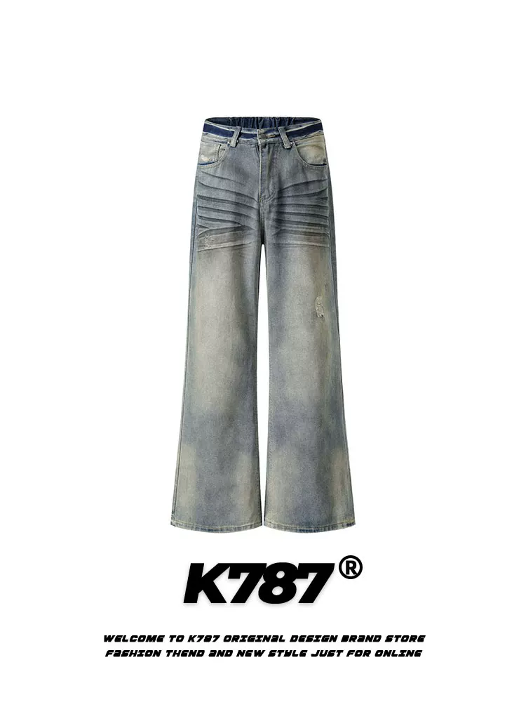 Quần jeans K787 kiểu Mỹ cổ điển, xước, rách, dáng loe, unisex, sọc ngang, màu phai, rộng thùng thình, kiểu dáng thẳng, mặc thường ngày