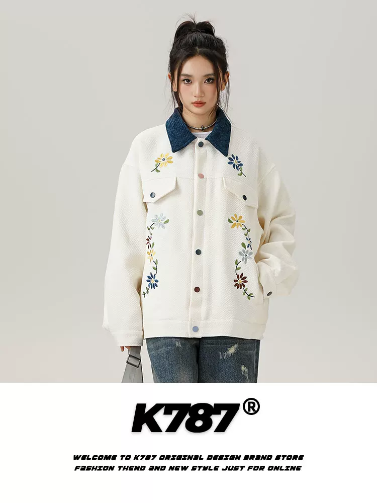 K787 Áo khoác thêu theo xu hướng quốc gia cổ điển của Mỹ unisex trang phục bảo hộ lao động phong cách trang trại phối màu mùa xuân áo khoác bóng chày cặp đôi