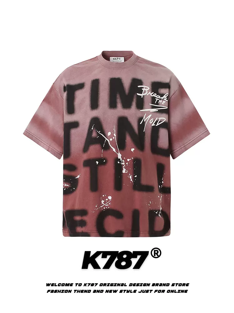 K787 Áo thun ngắn tay họa tiết graffiti phong cách retro Mỹ dành cho nam và nữ áo thun quá khổ áo thun hip-hop dành cho cặp đôi