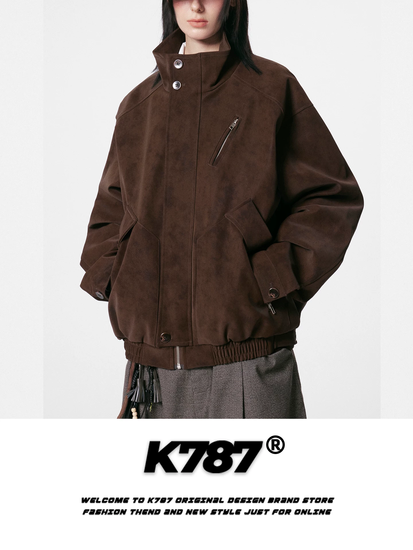 K787 Áo khoác da lộn ngắn cổ đứng phong cách retro cleanfit của Mỹ dành cho nam và nữ, áo khoác cặp đôi giản dị theo xu hướng quốc gia
