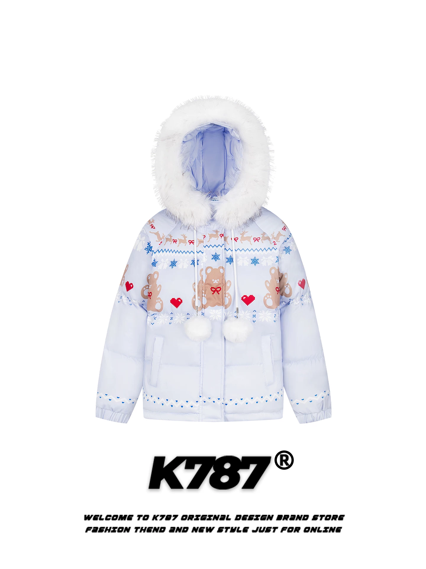 K787 Áo khoác cotton có mũ trùm đầu cổ lông gấu hoạt hình cổ điển của Mỹ dành cho nam và nữ, áo khoác cotton màu hồng dày dặn, rộng rãi, ấm áp
