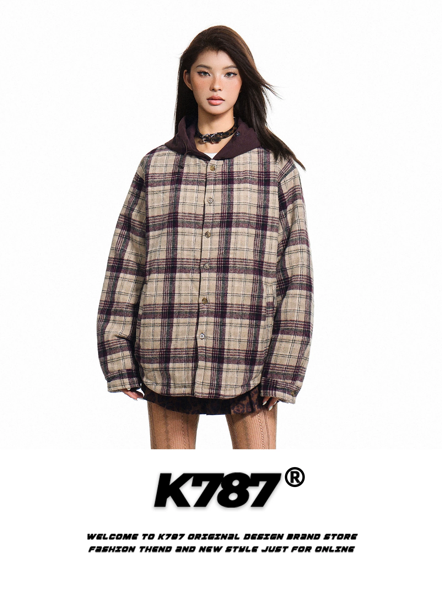 Áo khoác có mũ trùm đầu kiểu cổ điển Mỹ K787 dành cho nam và nữ, áo khoác cotton dày dặn ấm áp kiểu dáng rộng rãi phối màu