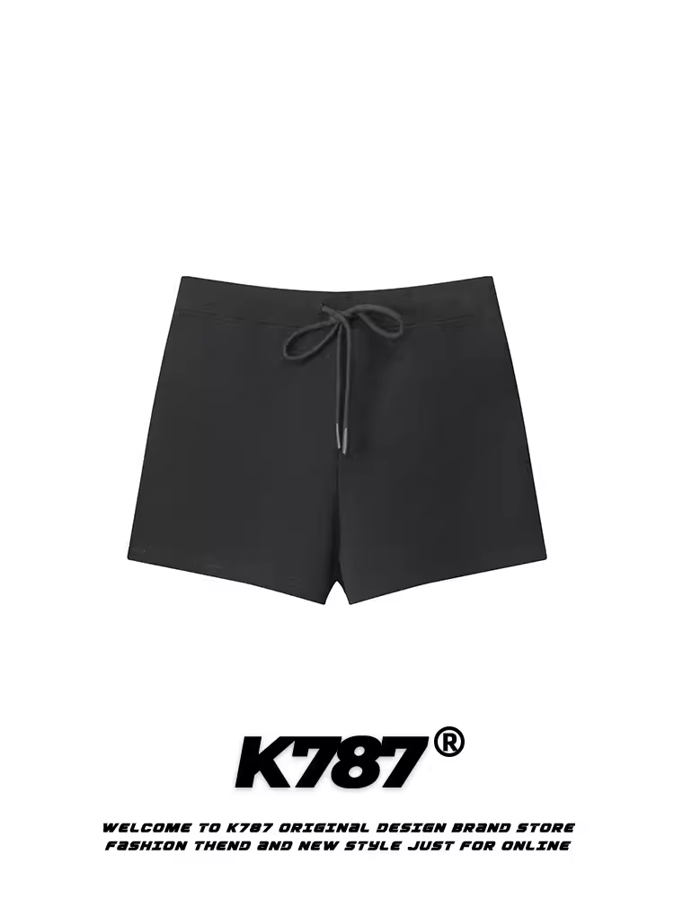 Quần short nữ K787 phong cách Mỹ cổ điển, chất liệu ren, cạp cao, đa năng, màu trơn, kiểu dáng năng động, quần lửng ba phần.