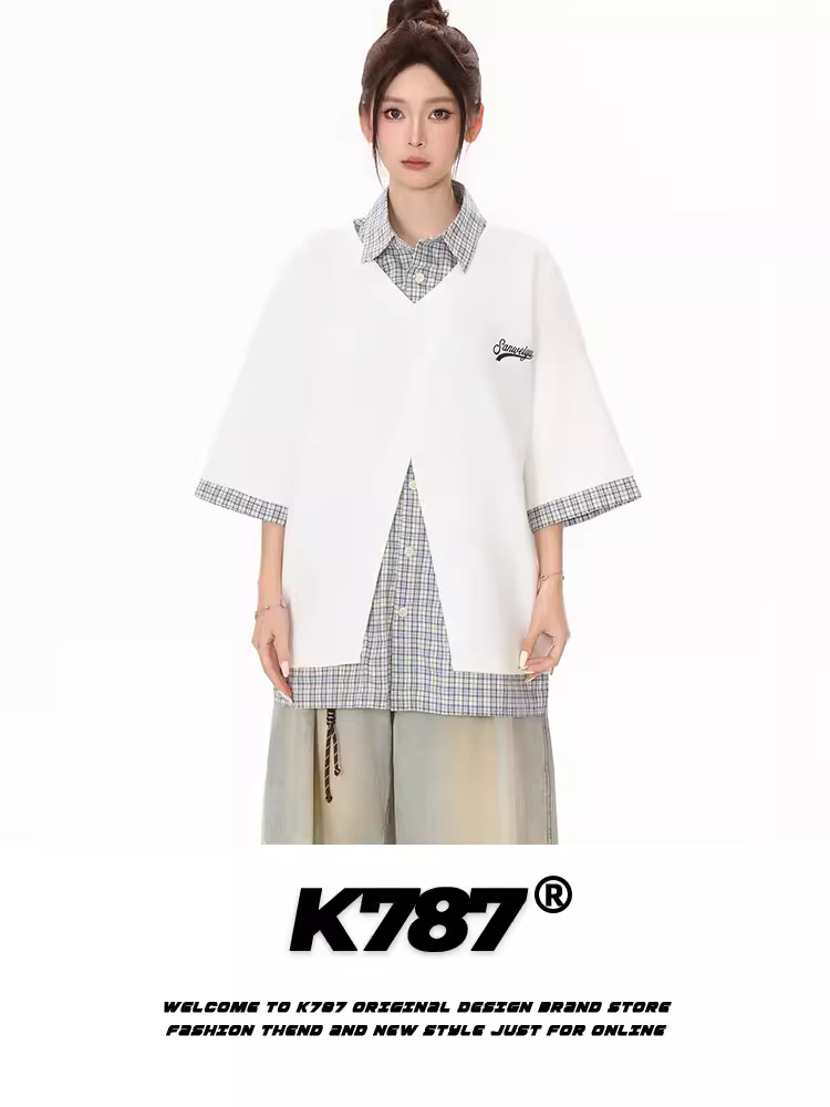 K787 Áo thun ngắn tay giả hai mảnh kiểu Mỹ cổ điển dành cho nam và nữ với thiết kế chuông nhỏ, áo sơ mi POLO nửa tay phong cách đại học