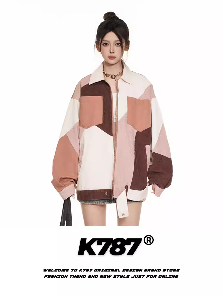 Áo khoác phối màu phong cách retro Mỹ K787 dành cho nam và nữ, thiết kế độc đáo, đa năng, áo đôi mùa xuân 2025