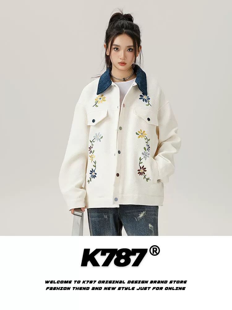K787 Áo khoác thêu theo xu hướng quốc gia cổ điển của Mỹ unisex trang phục bảo hộ lao động phong cách trang trại phối màu mùa xuân áo khoác bóng chày cặp đôi