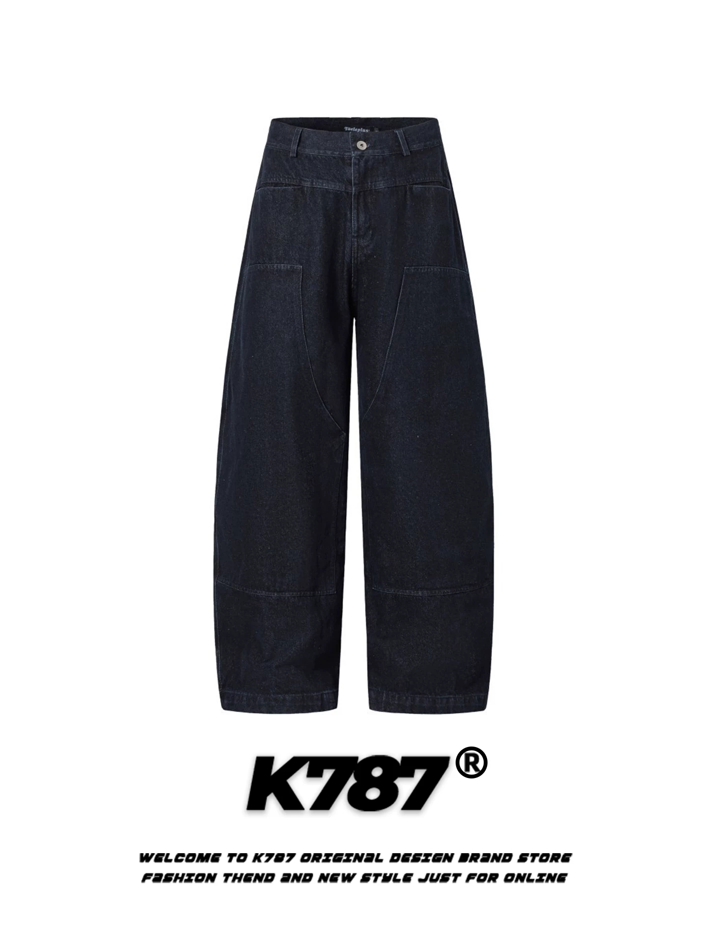 Quần jeans kiểu dáng đường phố Mỹ K787, thiết kế deconstructed, kiểu dáng scimitar, dành cho nam và nữ, đường may nổi bật, quần ống rộng lưng cao, phong cách thoải mái.