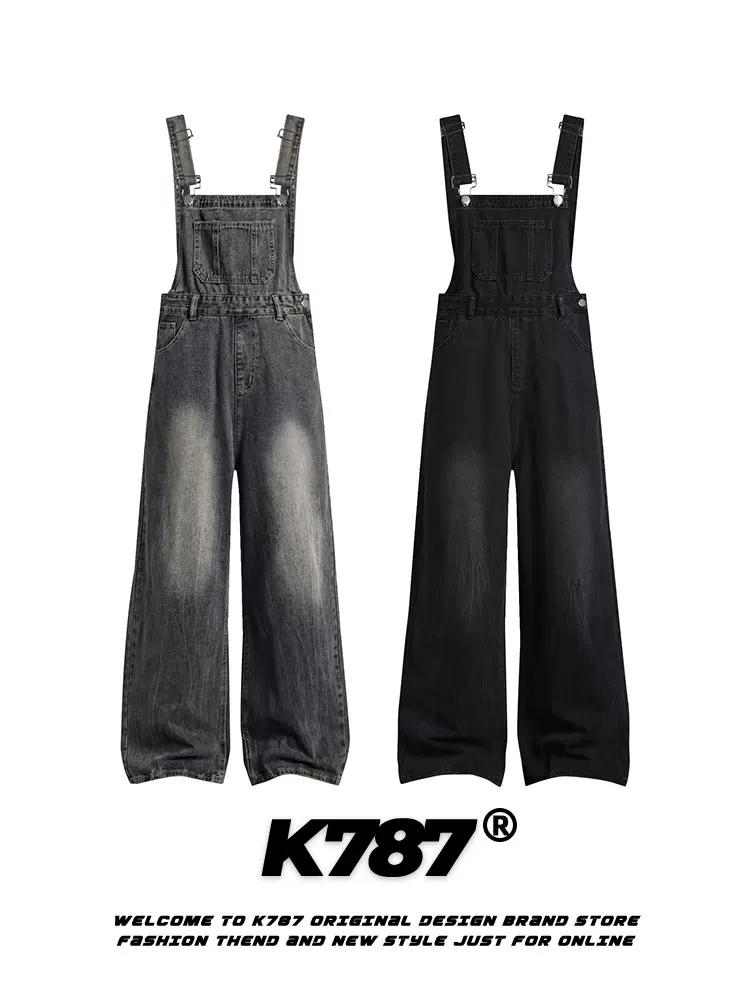 Quần yếm denim kiểu Mỹ cổ điển K787 dành cho nam và nữ, phong cách lười biếng, quần jumpsuit ống rộng dáng thẳng, thoải mái