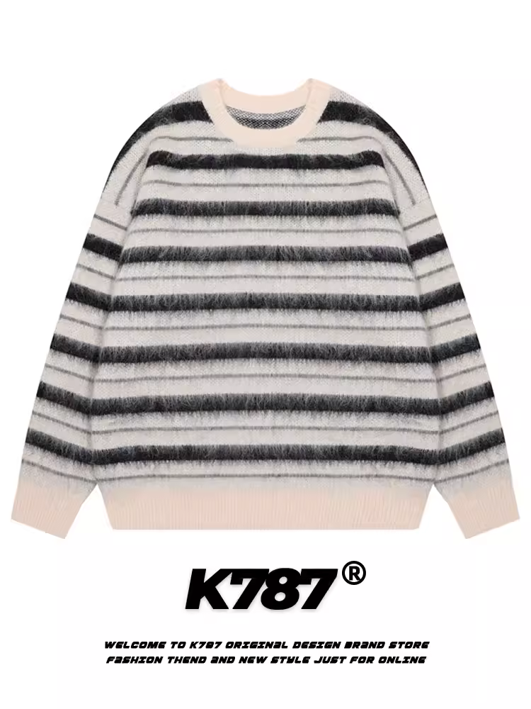 Áo len dệt kim mohair sọc cổ điển kiểu Mỹ K787 dành cho nam và nữ, áo len đôi mùa đông thông thường đa năng