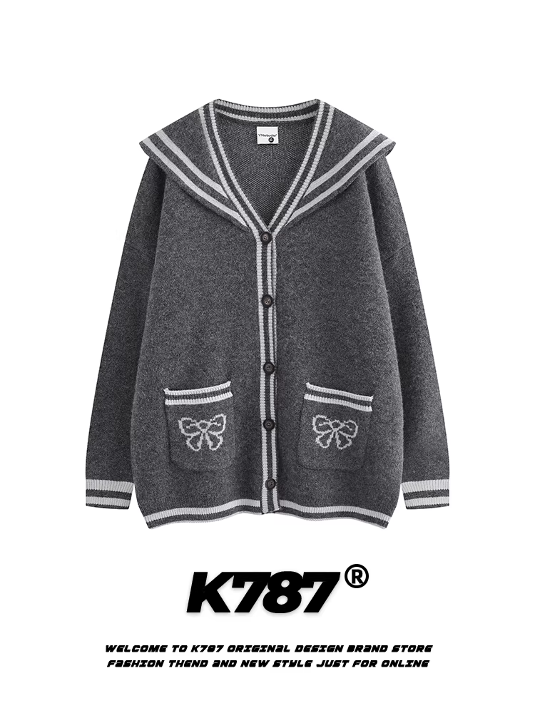 Áo cardigan dệt kim cổ điển kiểu Mỹ K787, phong cách preppy, thêu nơ, áo khoác cặp đôi phong cách lười biếng