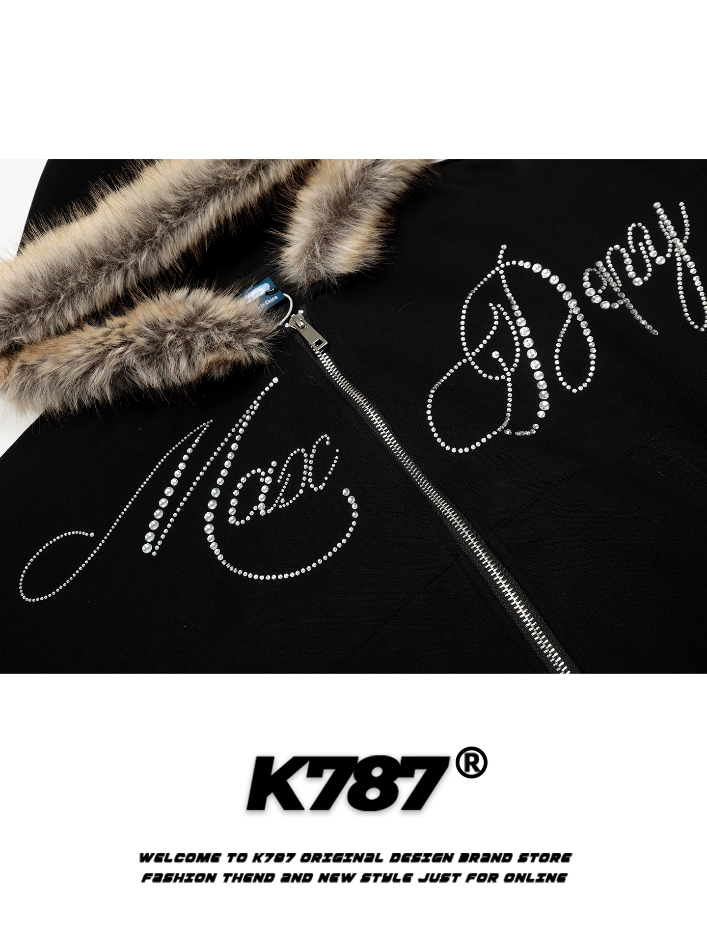 Áo khoác cardigan có mũ trùm đầu, cổ lông đính đá phong cách đường phố Mỹ K787 dành cho nữ, áo khoác ngắn có dây rút eo, kiểu dáng thường ngày cho mùa thu.