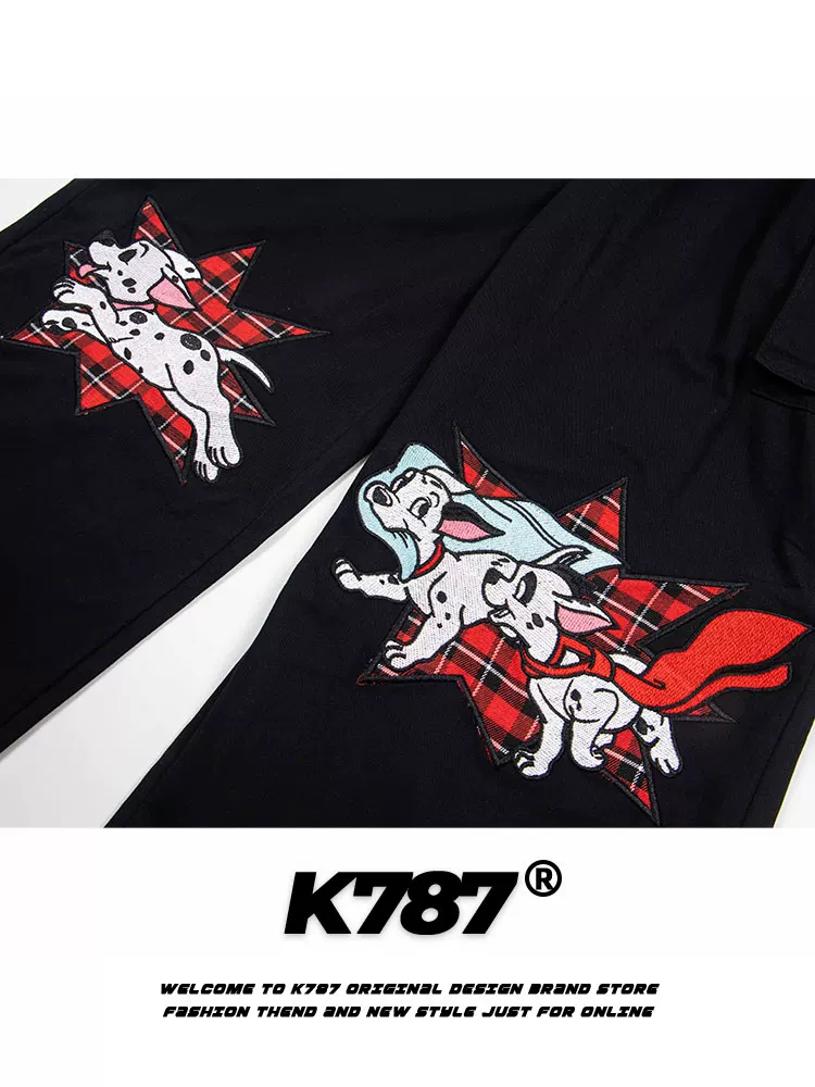 K787 Quần yếm denim thêu kẻ sọc cổ điển kiểu Mỹ dành cho nam và nữ, phong cách đường phố, dáng rộng, thoải mái, quần ống rộng thẳng