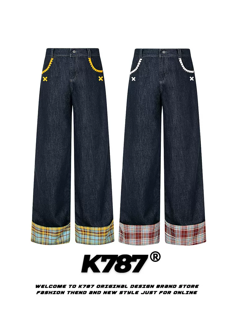 Quần jeans unisex dáng thẳng lưng cao, họa tiết caro thêu retro kiểu Mỹ, phối vải chắp vá, phong cách casual, size lớn K787