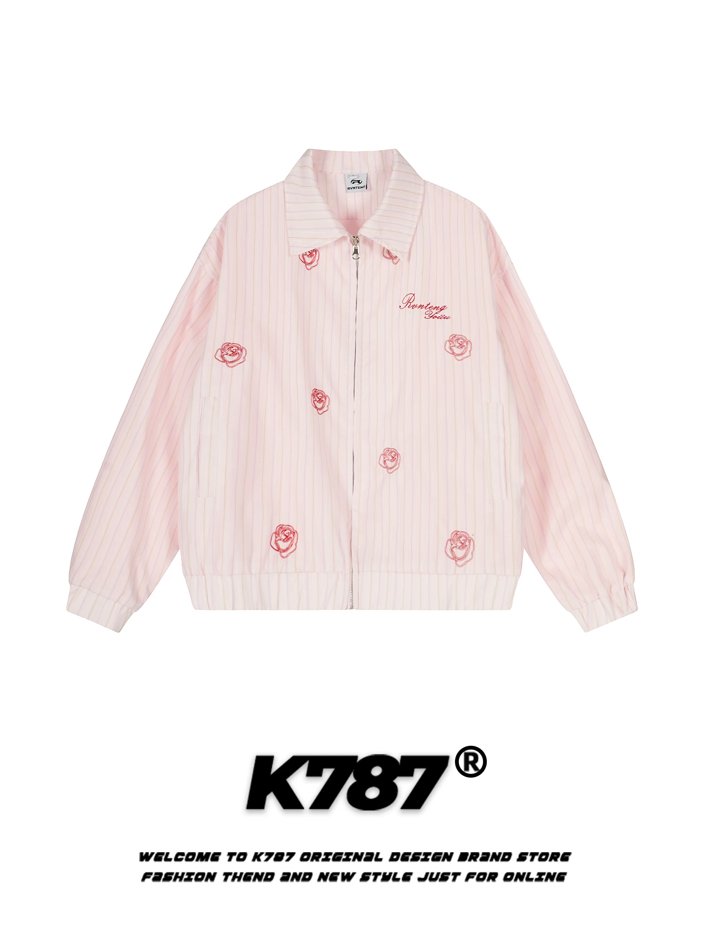 Áo khoác có cổ sọc thêu hoa hồng cổ điển kiểu Mỹ K787 dành cho nam và nữ, áo khoác ngắn dáng rộng phong cách lười biếng giản dị