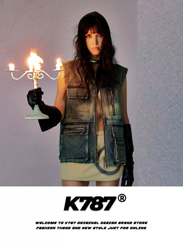 Áo khoác denim có mũ trùm đầu nhiều túi kiểu Mỹ cổ điển K787, unisex, thời trang, kiểu dáng nhiều lớp, áo khoác ngắn, phong cách công sở