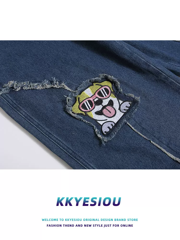 Quần yếm denim thêu hình chó phong cách retro Mỹ, unisex, đa năng, kiểu dáng học sinh, thương hiệu KKyesiou