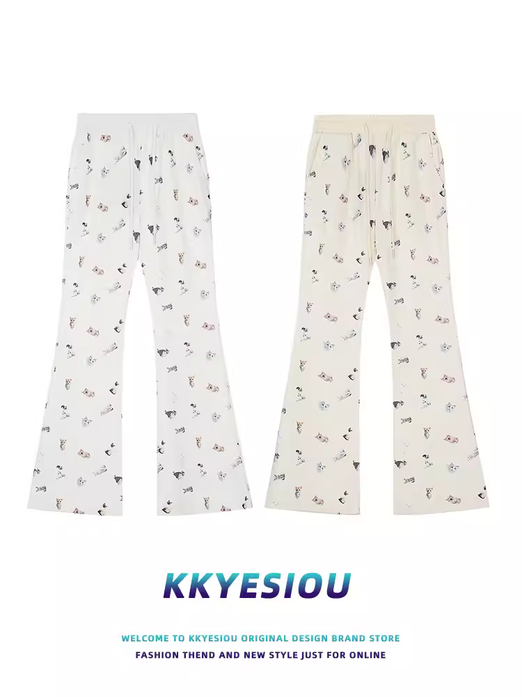 Quần âu dáng rộng kiểu Nhật KKyesiou dành cho nam và nữ với họa tiết mèo và chó hoạt hình vui nhộn, quần ống thẳng phong cách học sinh