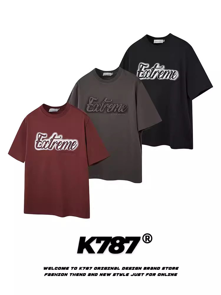 K787 Áo thun ngắn tay thêu chữ cổ điển kiểu Mỹ cleanfit dành cho nam, vai thường, đa năng, giản dị, mùa hè