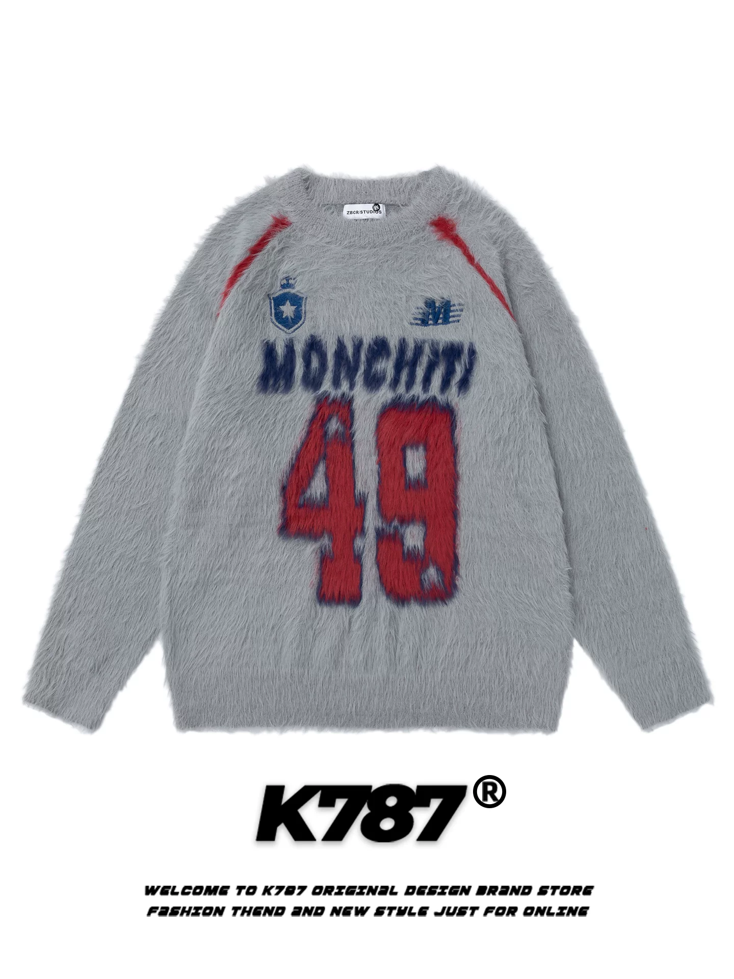 Áo len cổ tròn in họa tiết retro Mỹ K787, kiểu dáng thể thao đường phố unisex, phối màu, chất liệu dệt kim dành cho cặp đôi