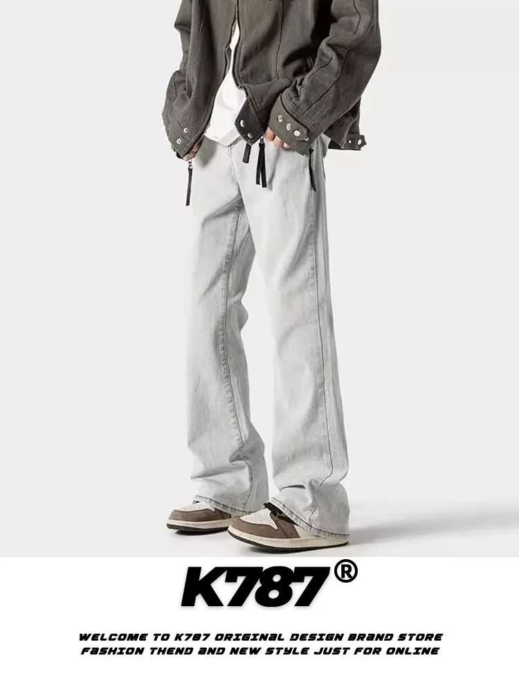 Quần jeans ống loe màu vàng kiểu Mỹ cổ điển K787 dành cho nam, quần ống đứng lưng cao, kiểu dáng đa năng, chất liệu xước, thích hợp đi làm