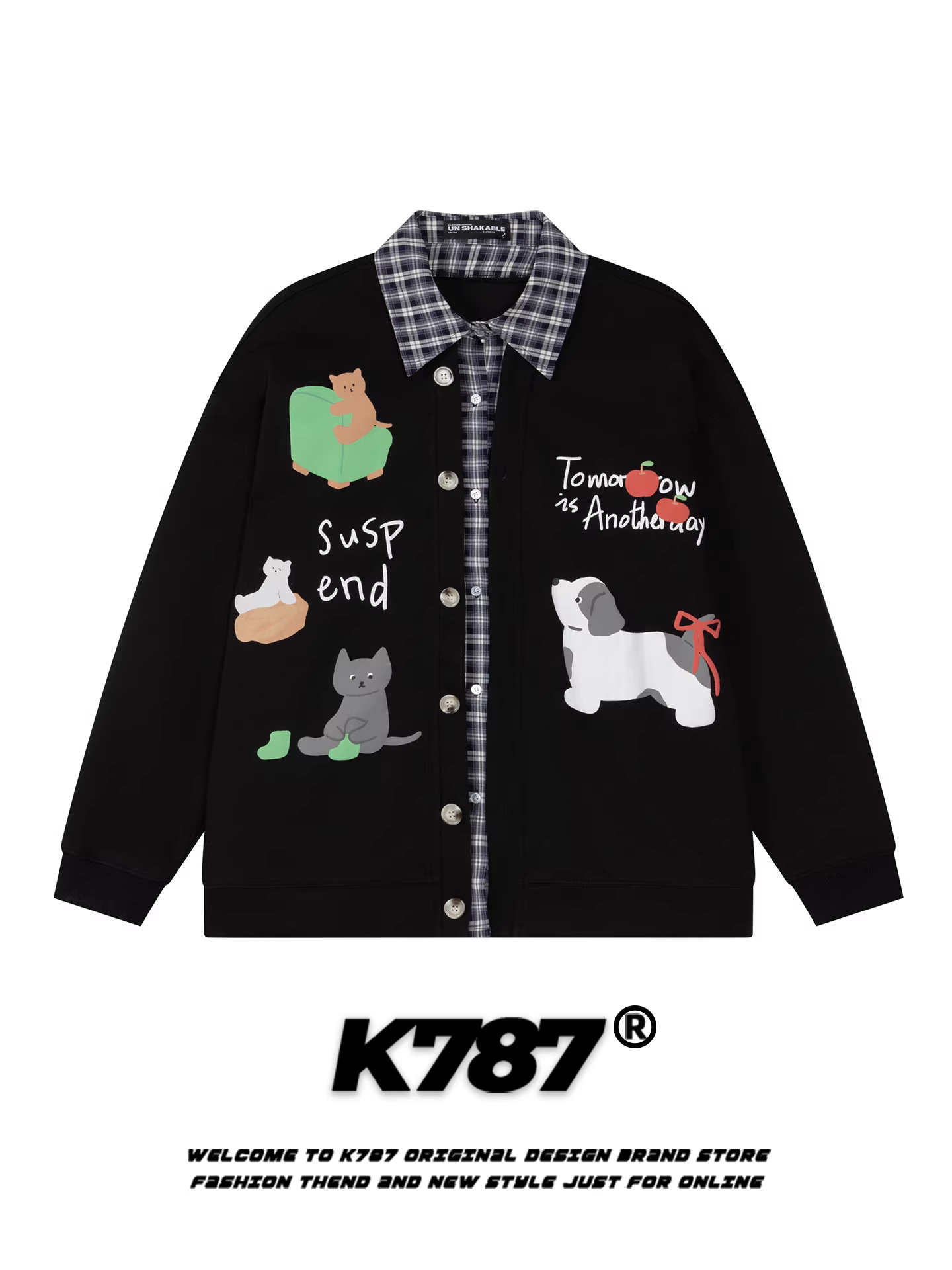 K787 Phong cách đường phố Mỹ mèo và chó thư graffiti áo len cardigan unisex cổ điển phong cách đại học cặp đôi áo khoác mùa thu