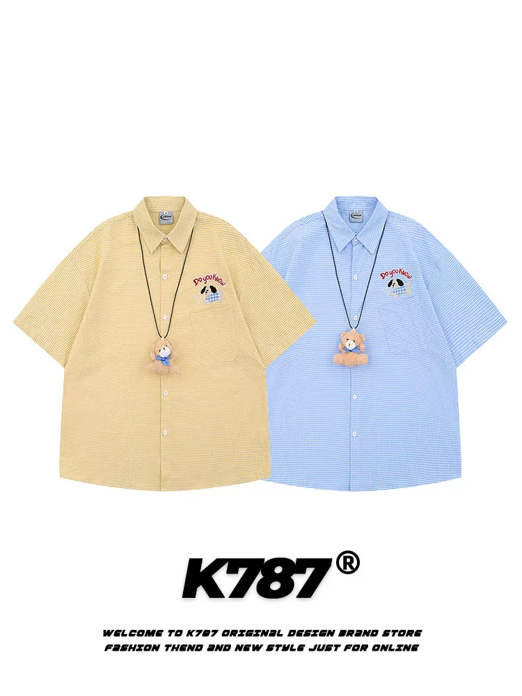 K787 Áo sơ mi ngắn tay phong cách retro Mỹ phong cách đại học có mặt dây chuyền hình gấu unisex kẻ sọc đa năng dáng rộng nửa tay áo cardigan mùa hè