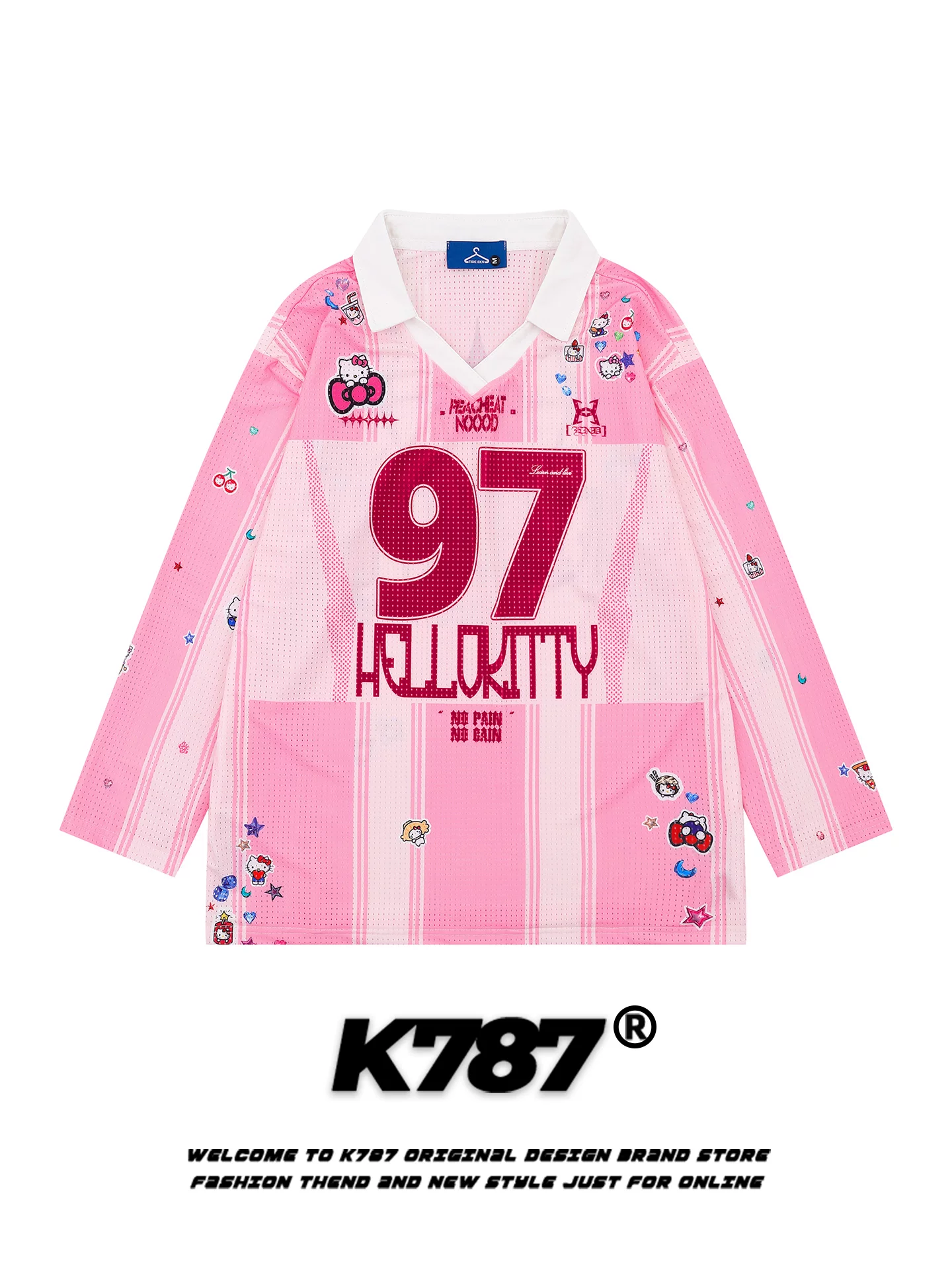 Áo thun dài tay in hình mèo Kitty hoạt hình đường phố Mỹ K787 dành cho nam và nữ, áo thể thao in kỹ thuật số, áo polo