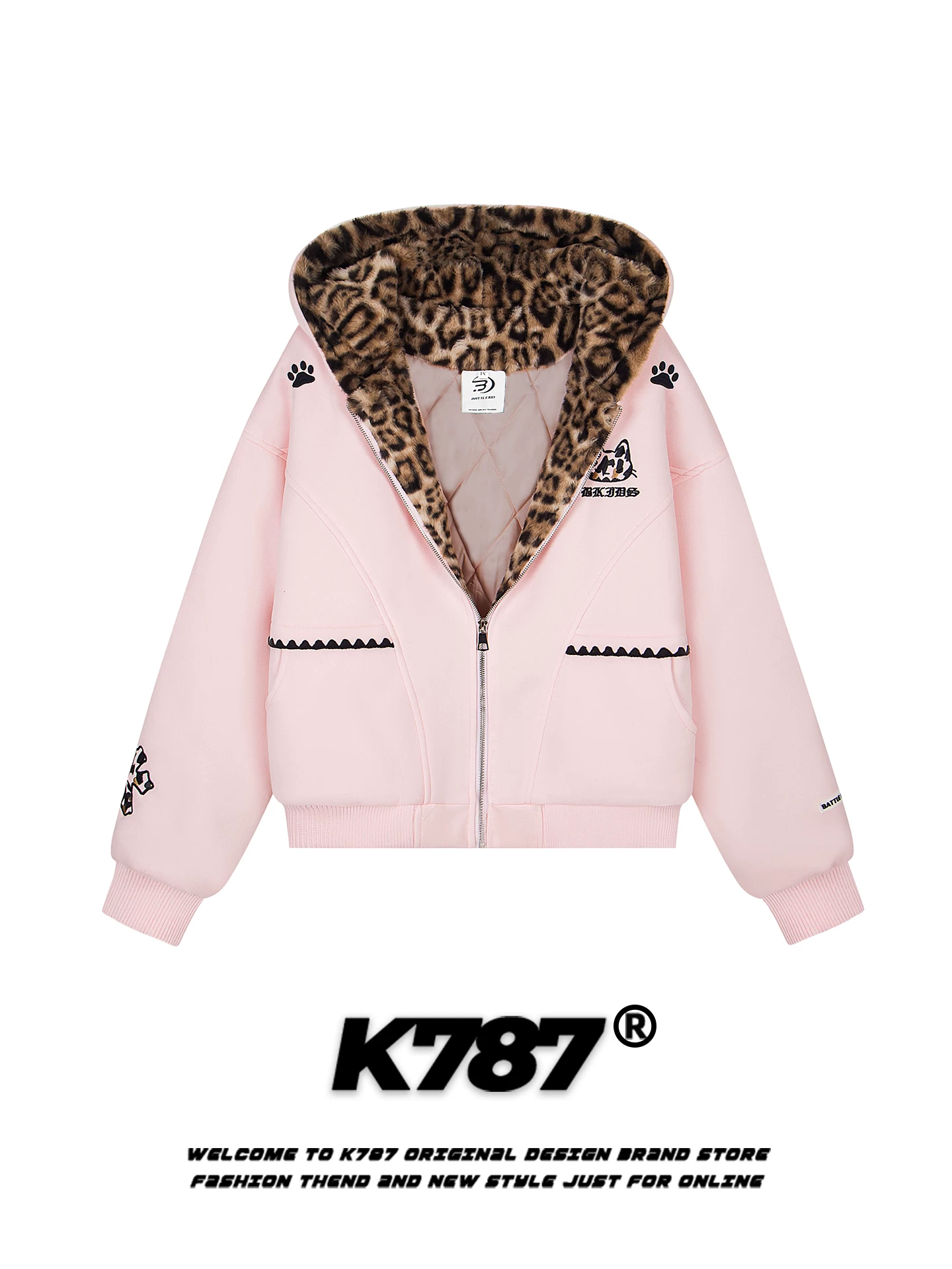 Áo khoác cotton có mũ trùm đầu in hình báo đốm phong cách retro Mỹ K787, thêu hình mèo, thương hiệu thời trang, lót bông ấm áp mùa đông, màu hồng, dành cho cặp đôi.