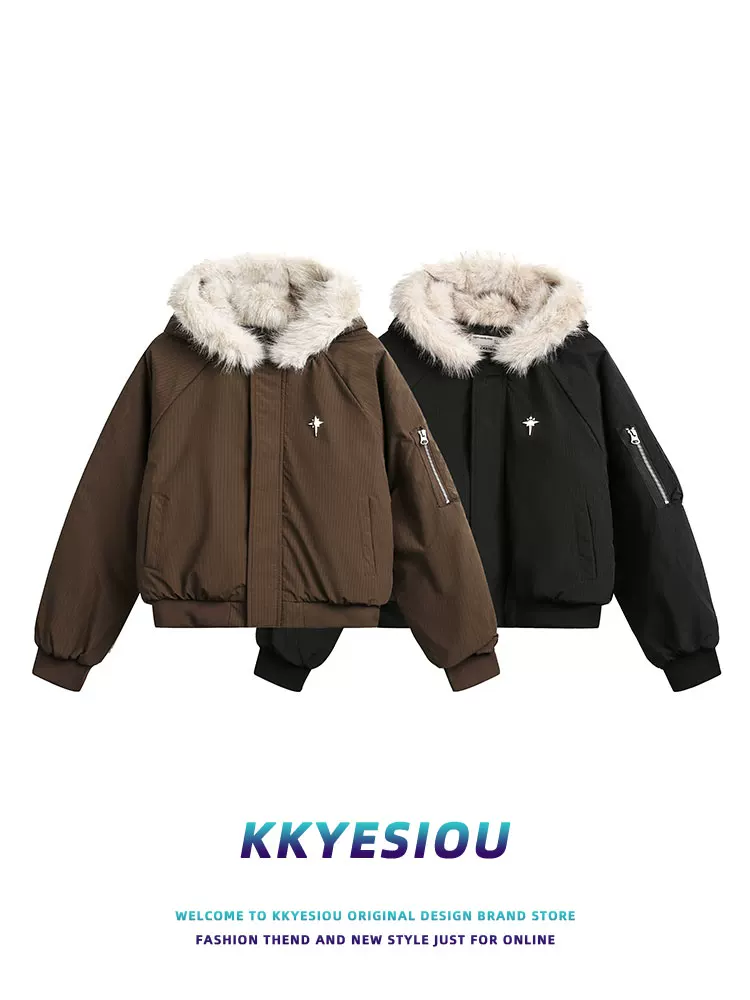 Áo khoác cotton ngắn dày dặn mùa đông kiểu Mỹ cổ điển K787 năm 2025, có cổ lông, dành cho nam và nữ, áo khoác cặp màu trơn phong cách Chanel