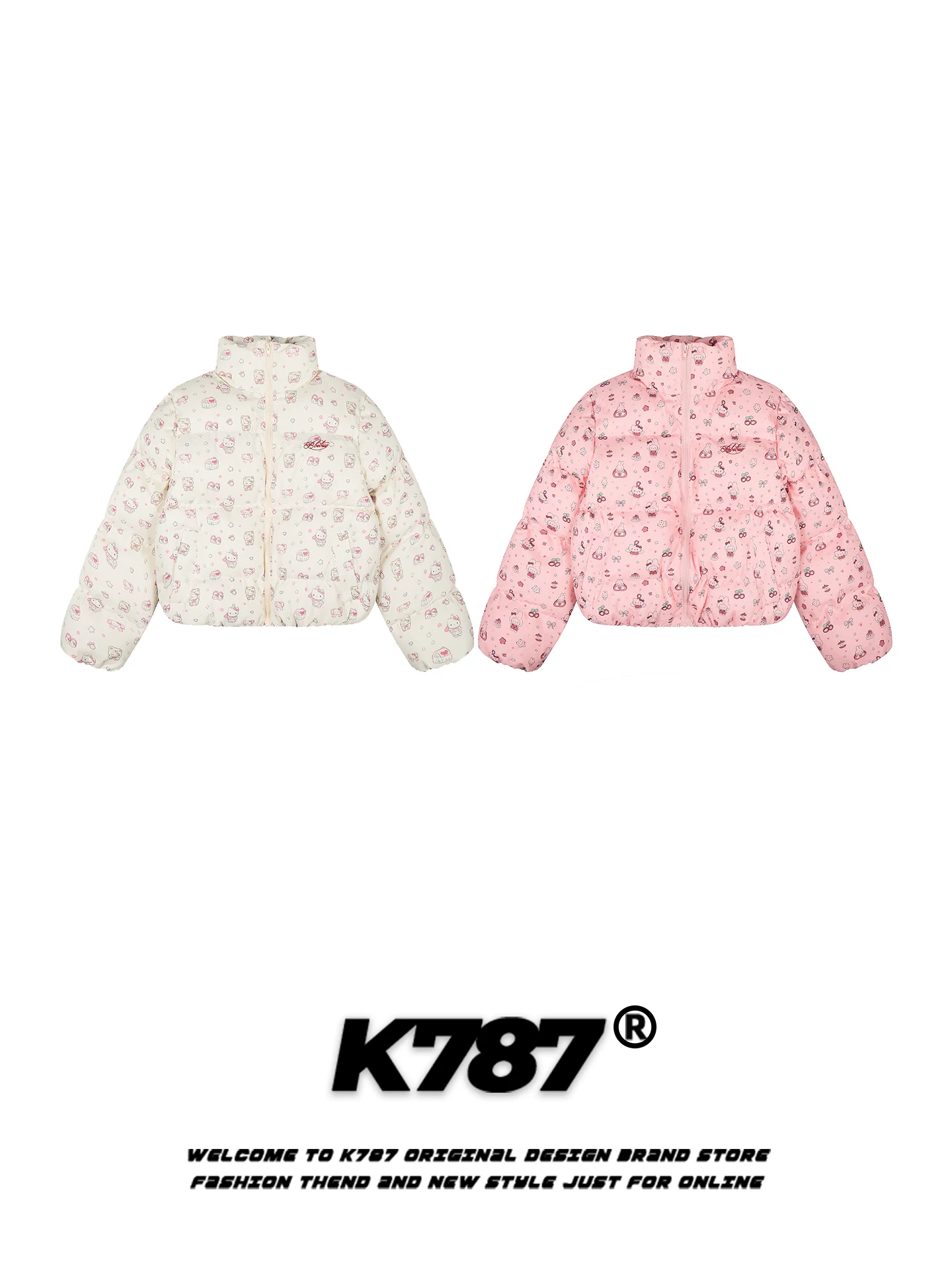 Áo khoác cotton cổ đứng in hình mèo Kitty kiểu Mỹ K787 dành cho nữ, áo khoác cotton ngắn dày dặn, ấm áp, giảm tuổi tác, mặc thường ngày cho mùa đông.
