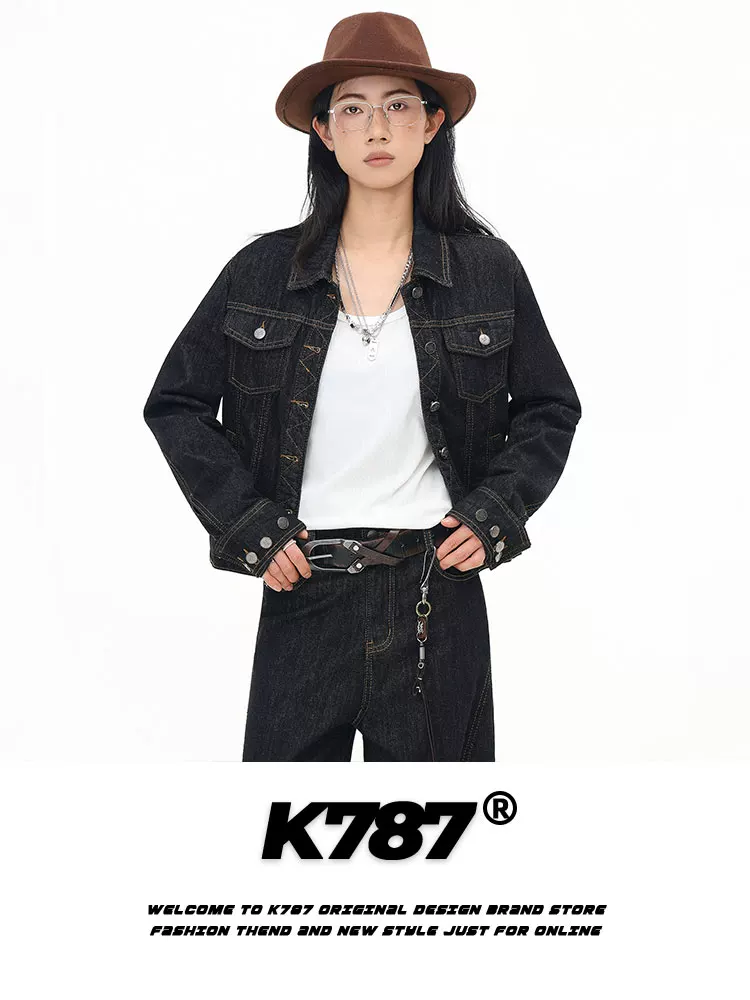 Áo khoác denim kiểu đường phố Mỹ K787, đường may lộ, thương hiệu thời trang unisex, áo khoác ngắn đa năng
