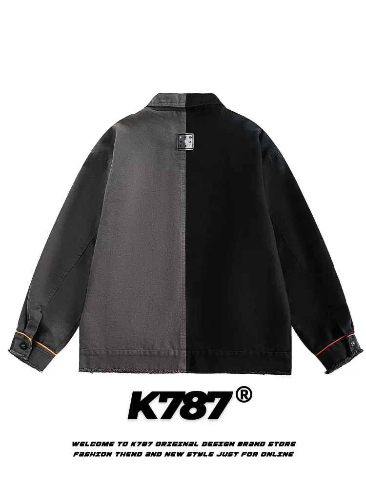 K787 Áo khoác denim màu khối bất đối xứng theo xu hướng cổ điển của Mỹ, áo khoác denim unisex thiết kế thích hợp dành cho cặp đôi