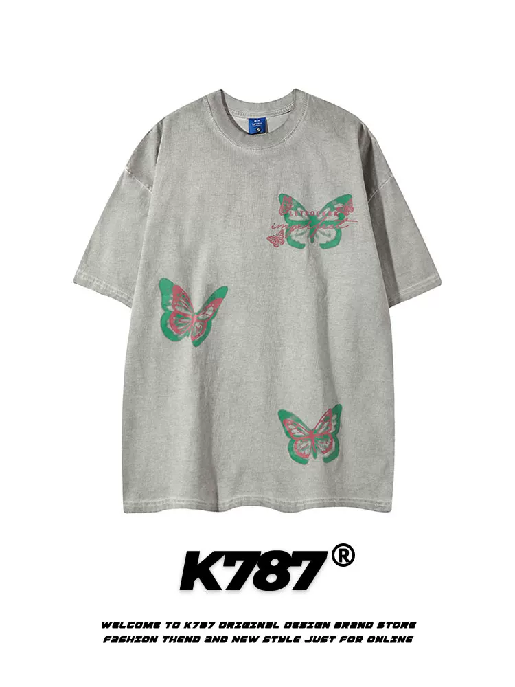 K787 Áo thun ngắn tay họa tiết graffiti bướm cổ điển của Mỹ dành cho nam và nữ áo thun oversize đa năng áo thun đôi dáng rộng