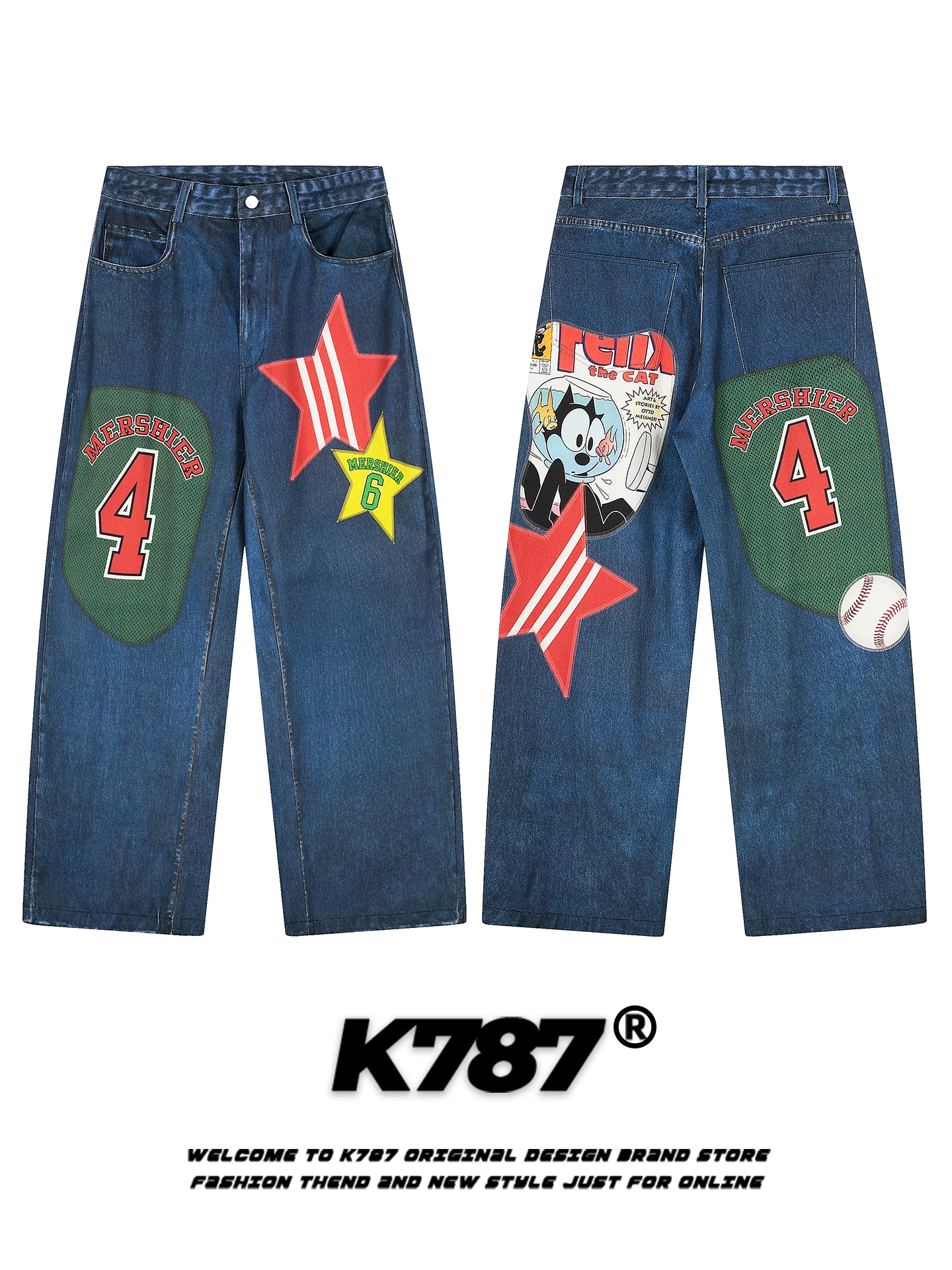 Quần jeans unisex cạp cao phong cách đường phố Mỹ K787, họa tiết chữ graffiti, chất liệu denim, kiểu dáng xu hướng, đa năng, rộng rãi, ống thẳng.