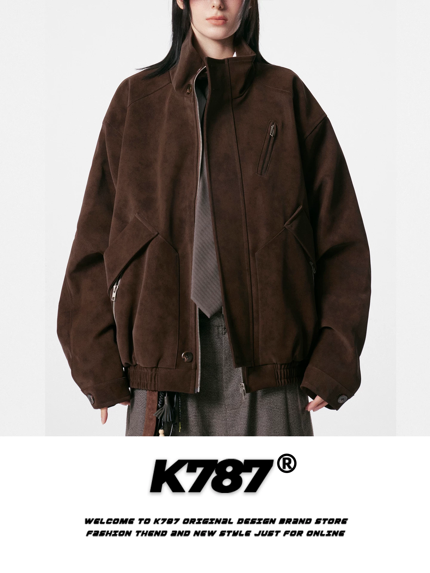 K787 Áo khoác da lộn ngắn cổ đứng phong cách retro cleanfit của Mỹ dành cho nam và nữ, áo khoác cặp đôi giản dị theo xu hướng quốc gia