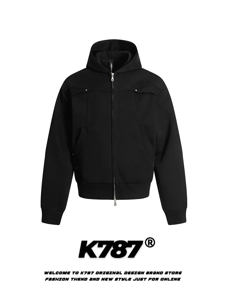 Áo khoác cardigan có mũ trùm đầu kiểu Mỹ cổ điển, phối màu ghép mảnh, dành cho nam và nữ, kiểu dáng đơn giản, màu trơn, áo khoác ngắn thường ngày.