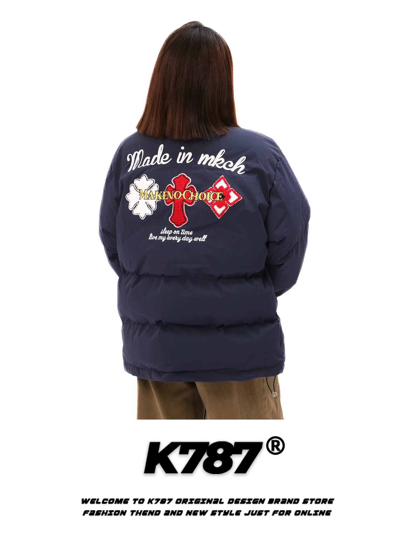 Áo khoác cotton cổ đứng thêu họa tiết phong cách Mỹ K787 dành cho nam và nữ, dáng rộng, ấm áp và dày dặn, áo khoác cotton màu vàng dành cho cặp đôi.