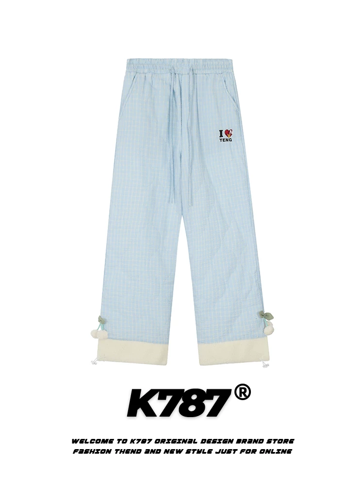 Quần kaki kẻ caro dày dặn, viền thô, may chần kiểu Mỹ cổ điển K787 dành cho nam và nữ, quần cotton mùa đông phong cách Nhật Bản, kiểu học sinh.
