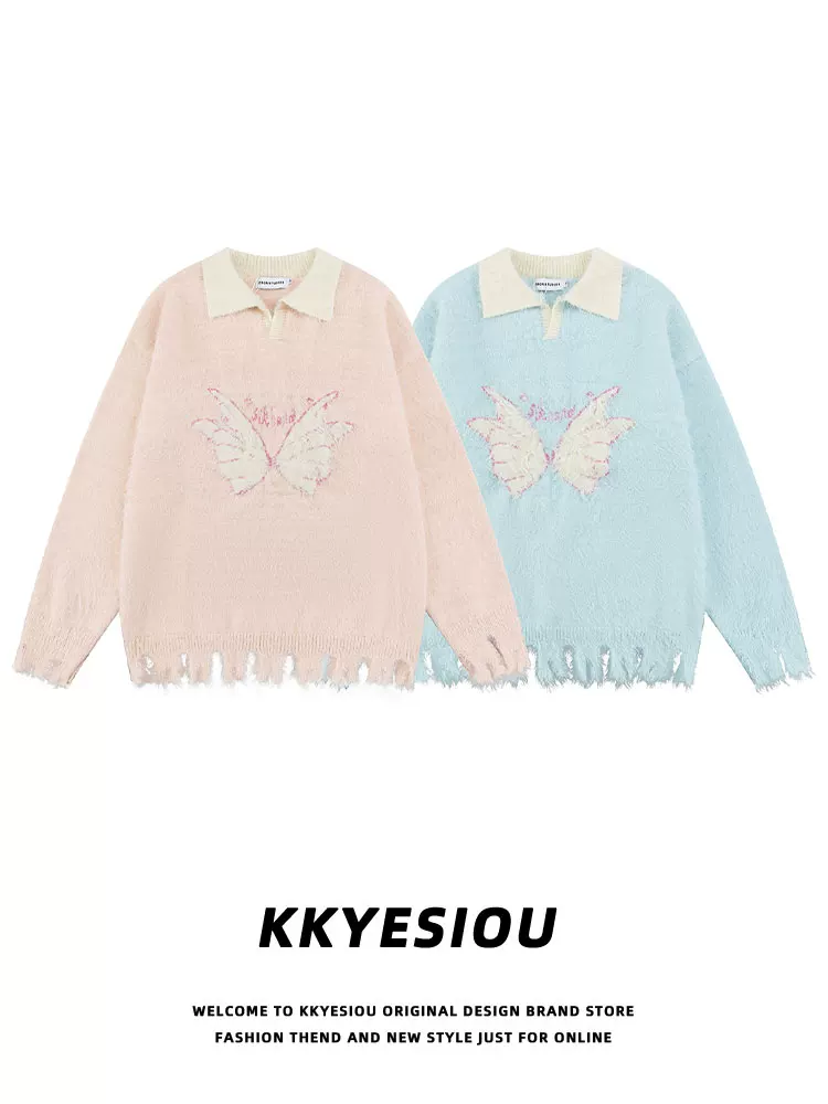 Áo len cặp đôi phong cách preppy thời thượng kiểu Mỹ KKyesiou, màu xanh sữa dopamine, chất liệu len dệt kim, unisex.